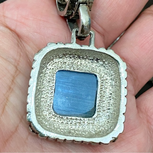 Unsigned Silver-tone Spiga Wheat Chain with Blue Stone Pendant  30” Necklace - Picture 14 of 14